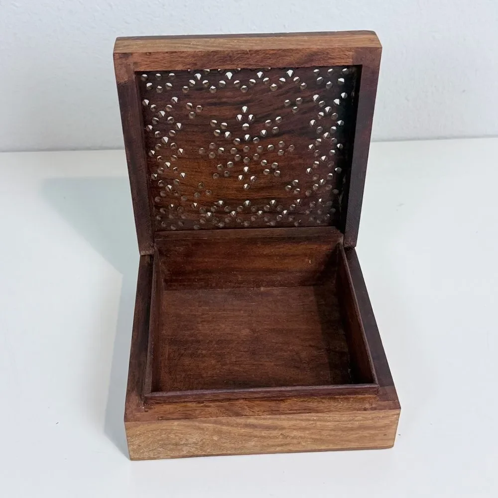 Vintage Carved Mango Wood Hinged Lid Box 6x6